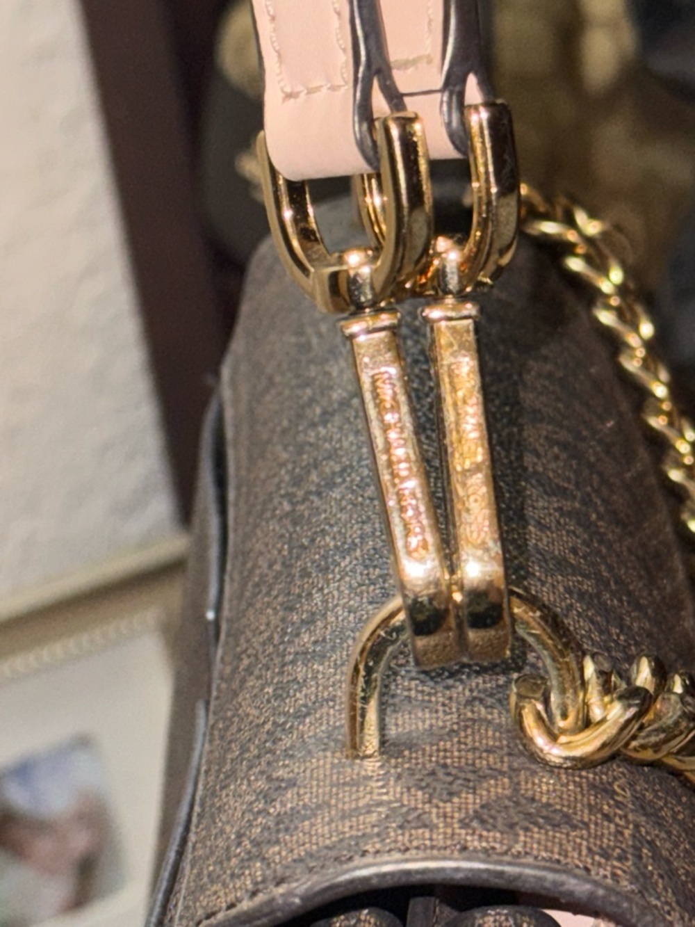 Michael Kors Brown Signature Crossbody with Blush Pink Flap & Gold Chain - Picture 4 of 7